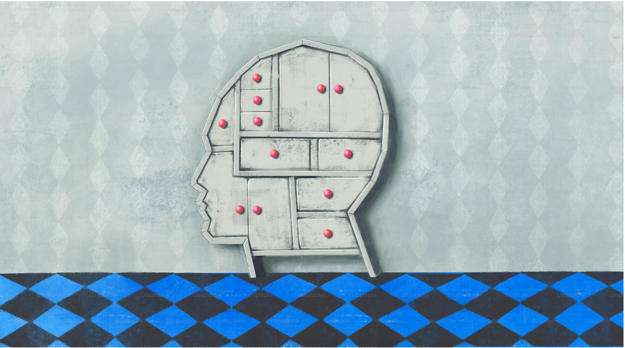 Ilustración conceptual de la mente humana como un mueble con compartimentos, representando la complejidad y el cuidado necesario para mantener la salud cerebral. 